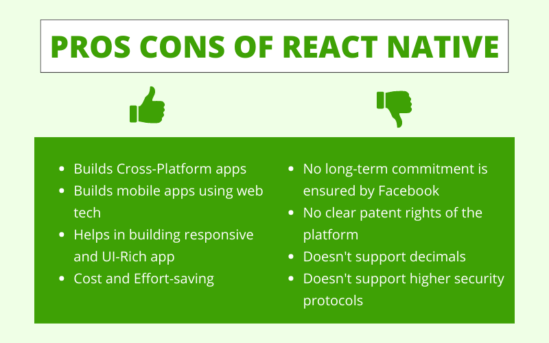 In this image pros & cons of react native is mentioned
