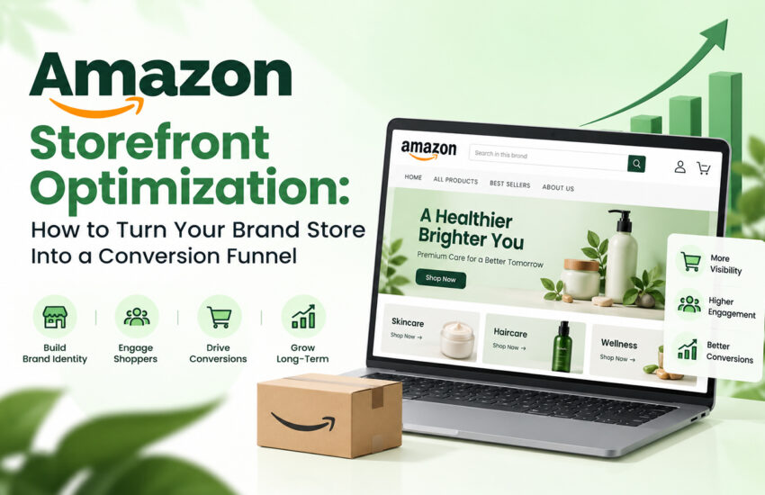 Amazon storefront optimization before and after showing a cluttered product grid rebuilt into a three-stage conversion funnel with sales per visitor comparison.